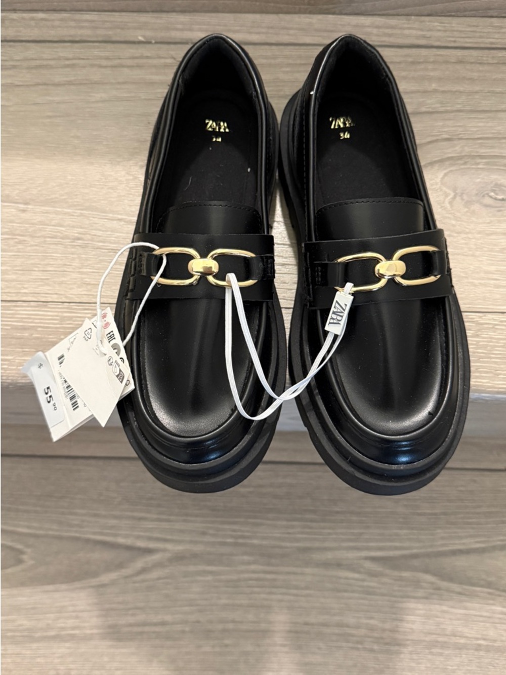 BNWT ZARA Black Leather Loafers with Gold Chain Accent Uniform Shoes Girls Sz 34
